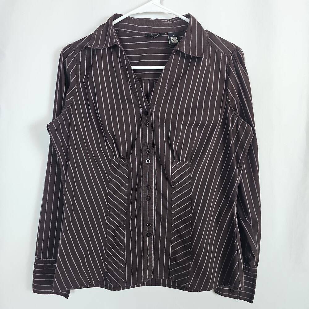 GNW Women S Brown Striped Button Front Shirt Blouse Long Sleeve Y2K Office Work